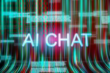 AI Chat in neon over a multi-colored code display.