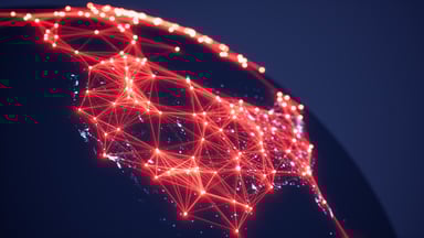 Map of US outlined in red laser lights.