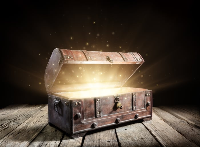 A treasure chest open with gold light coming out of it.