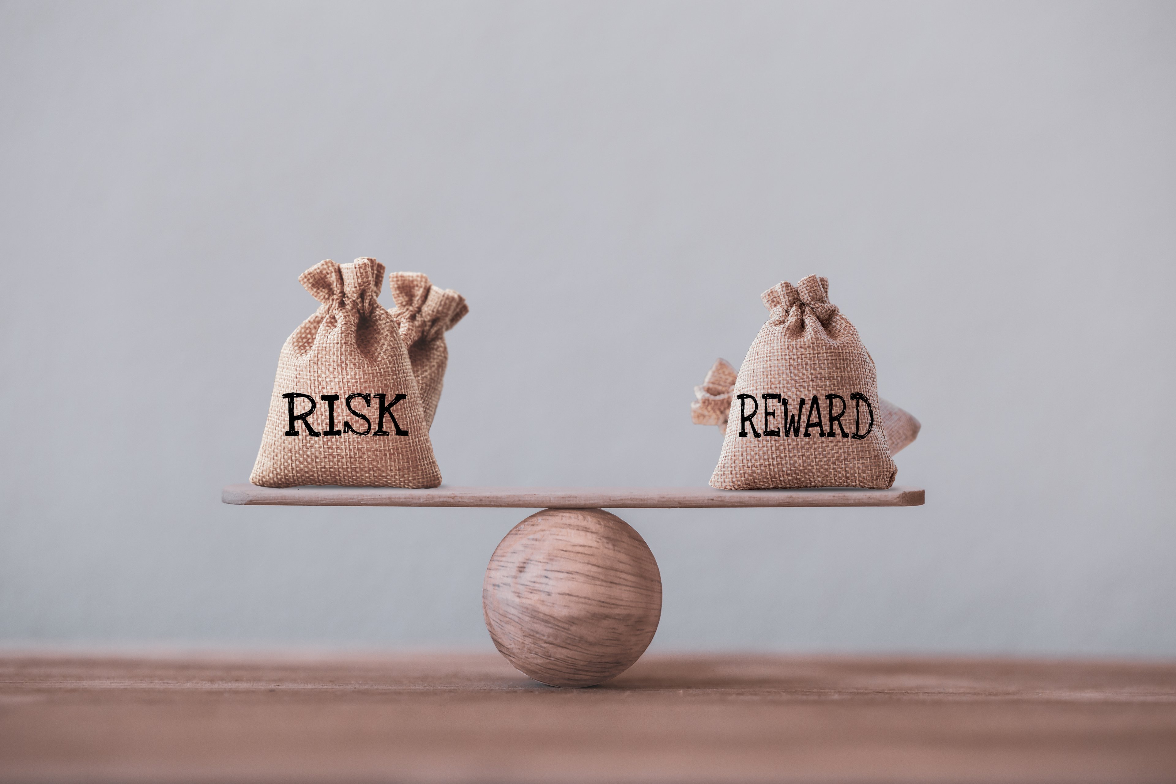 Two bags labeled risk and reward balancing on a board.