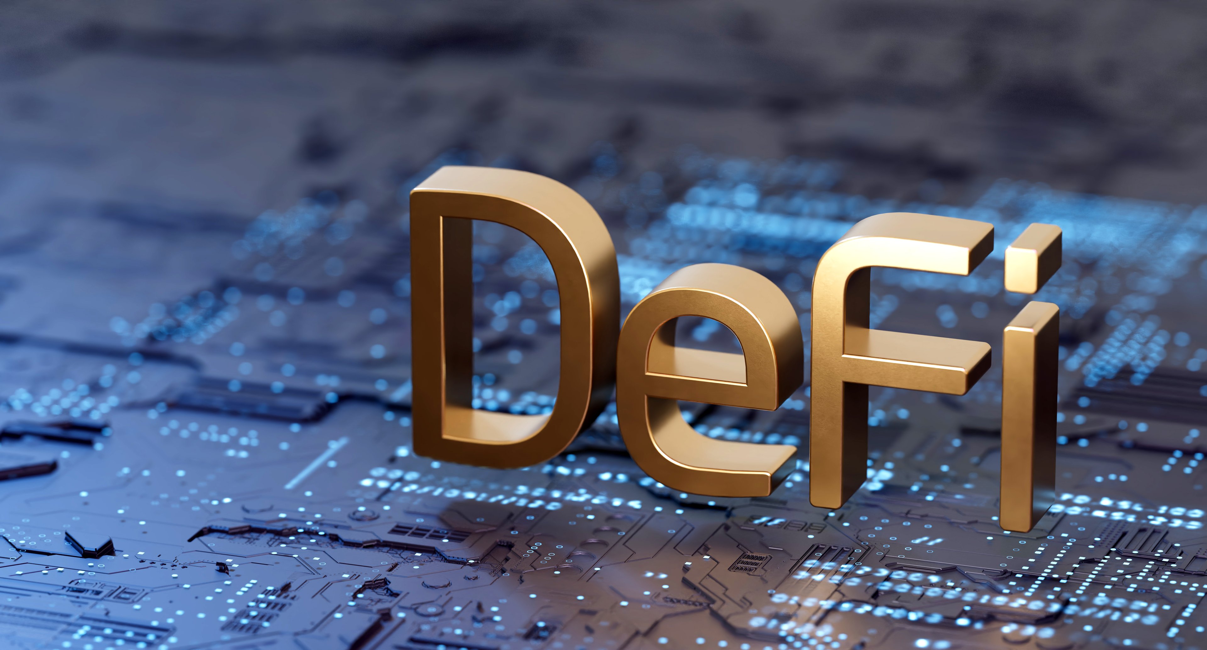 Gold DeFi symbol on printed circuit board.