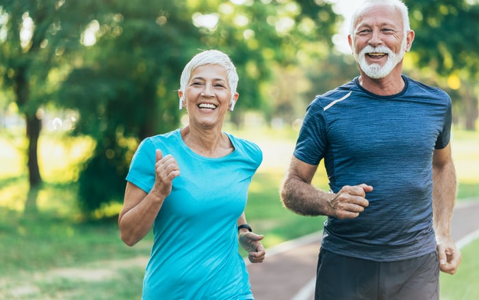 Two people jogging.