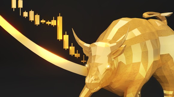 A gold-colored bull is shown in front of candlestick market patterns.