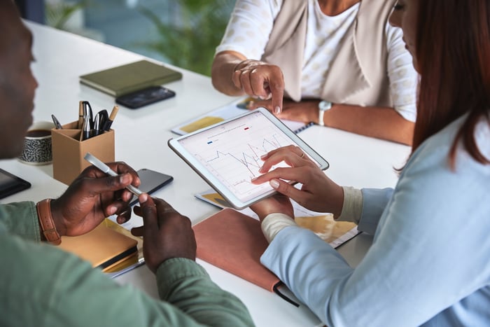 A team of employees at a conference table is using software to collaborate on a work project.