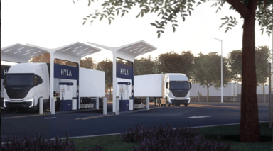 Nikola trucks at hydrogen fueling