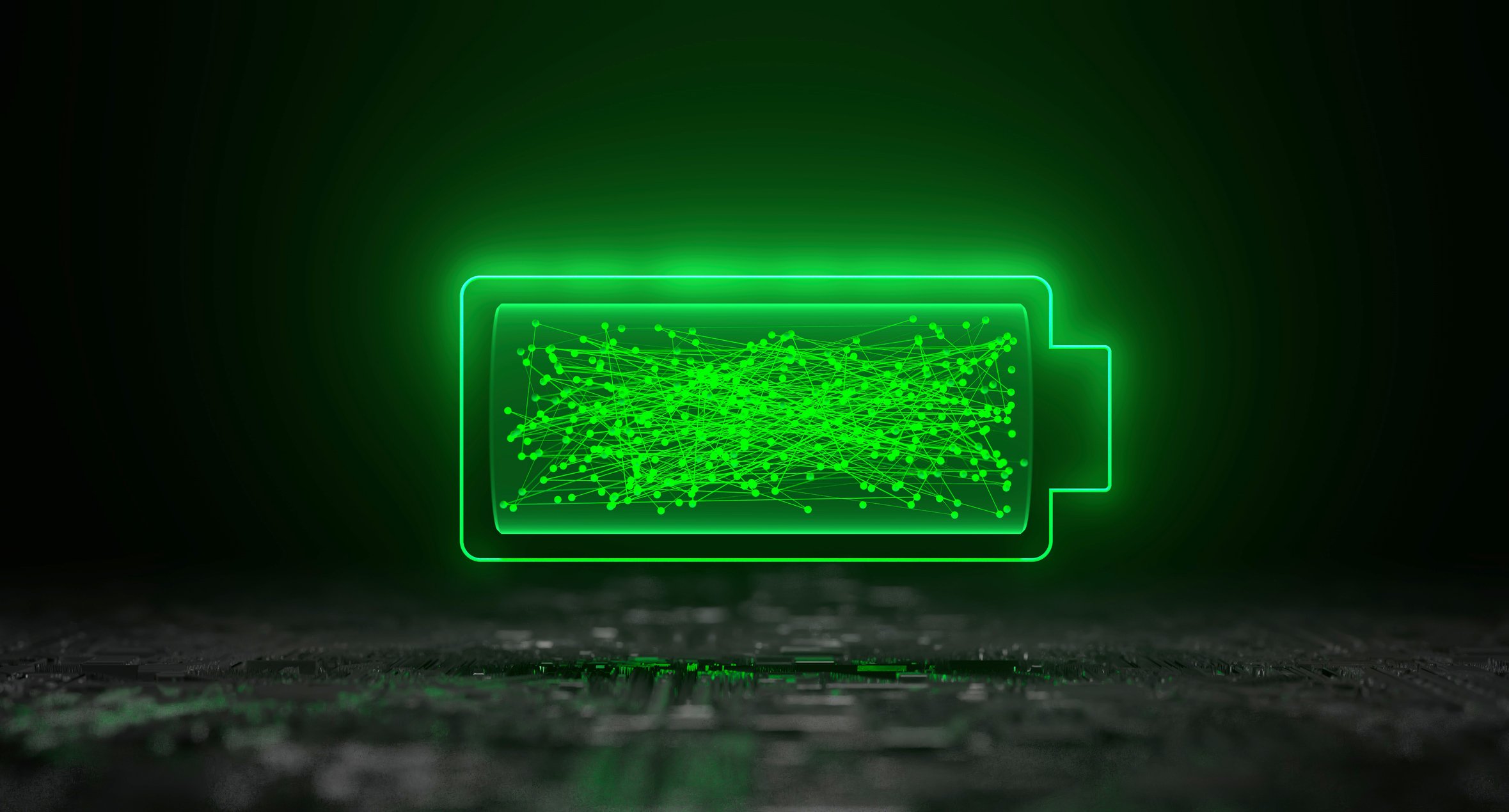 Green neon lights in the shape of a battery.