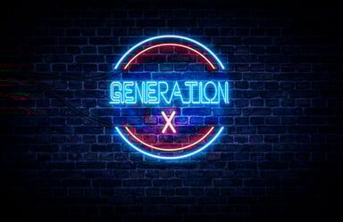 Neon blue and red sign reads GENERATION X