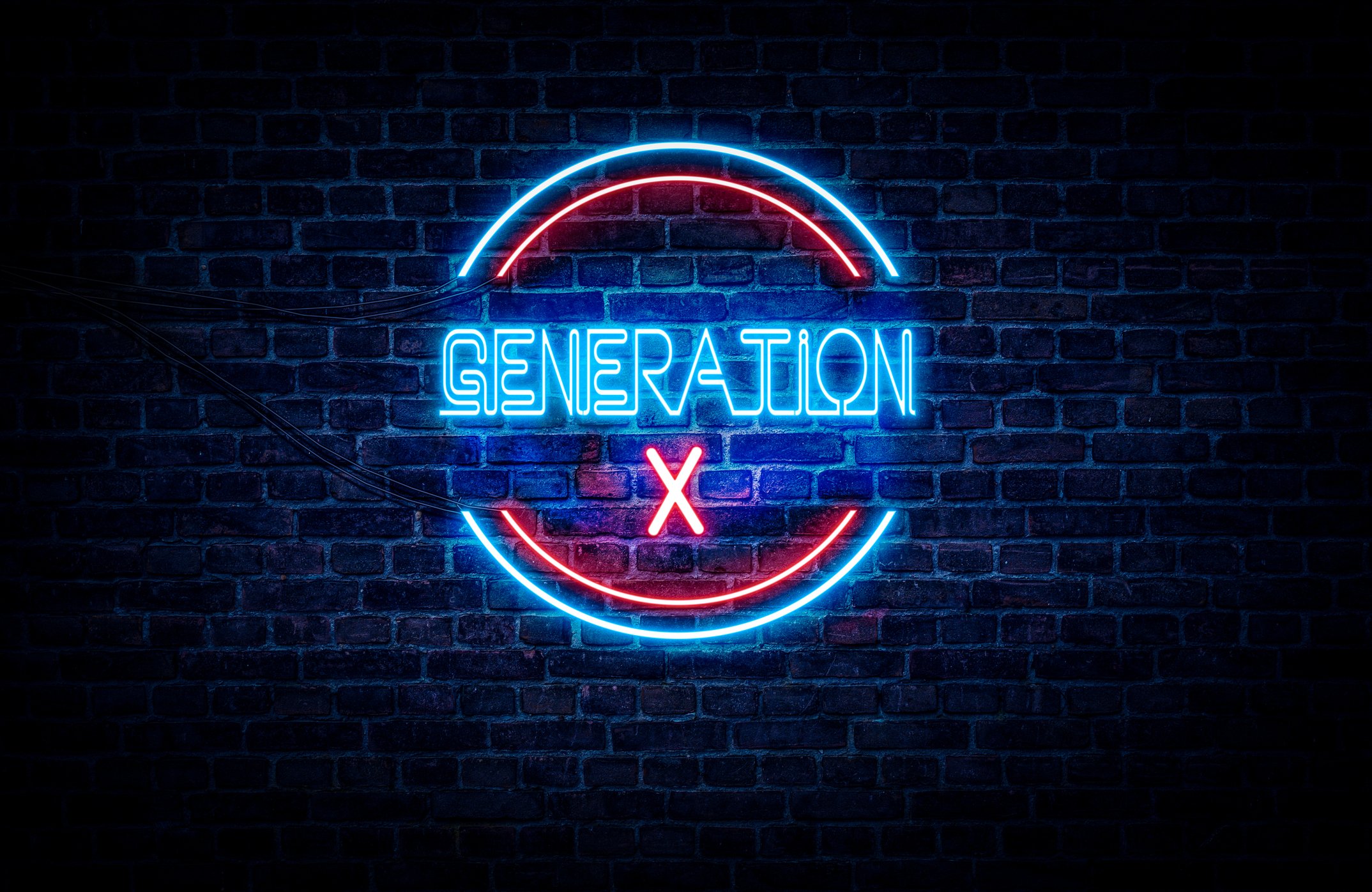 Neon red and blue sign on brick wall reads: Generation X.