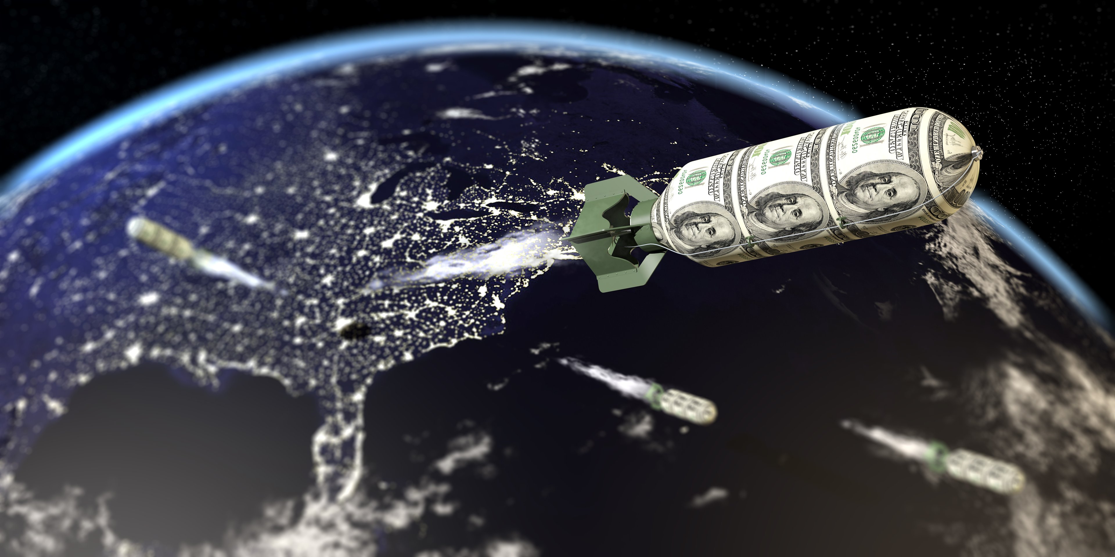 A rocket made out of dollar bills launches into orbit.