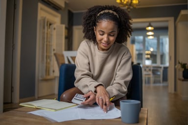 Young person making calculations at desk.