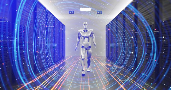 A sentient robot walking down a hallway while conducting advanced analysis made possible with quantum computing.