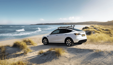 Tesla white Model Y at beach