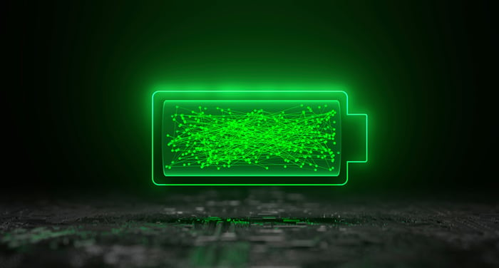 An image of a battery lit up in green.