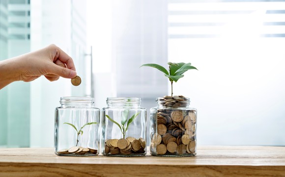 Jars with different amounts of coins growing saplings of various sizes showcases the concept of diversification and compound interest. 