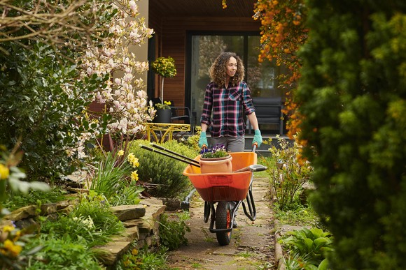 A person pushing a wheelbarrow in a garden.