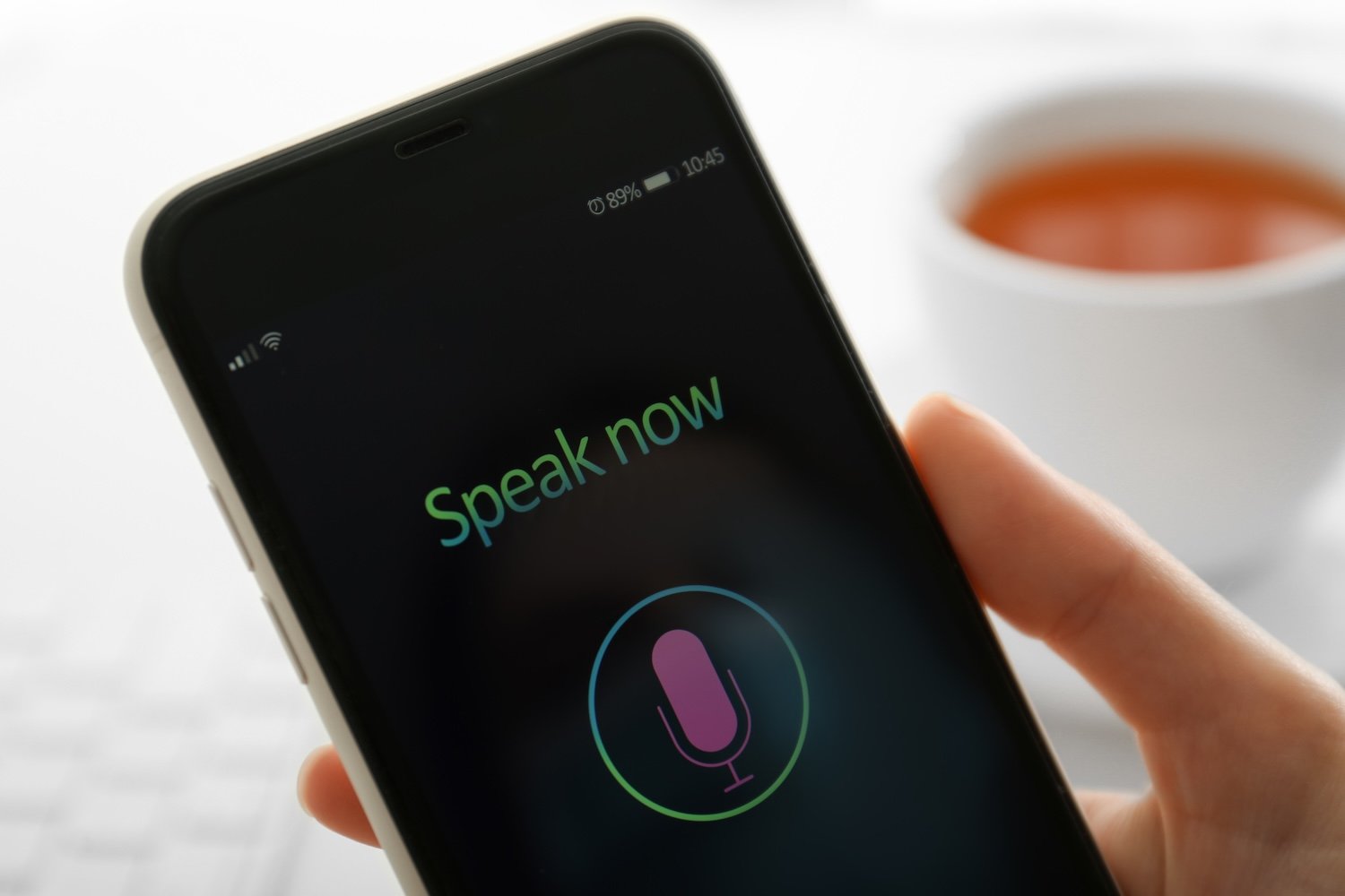 A smartphone screen displaying a microphone icon and the words Speak Now.