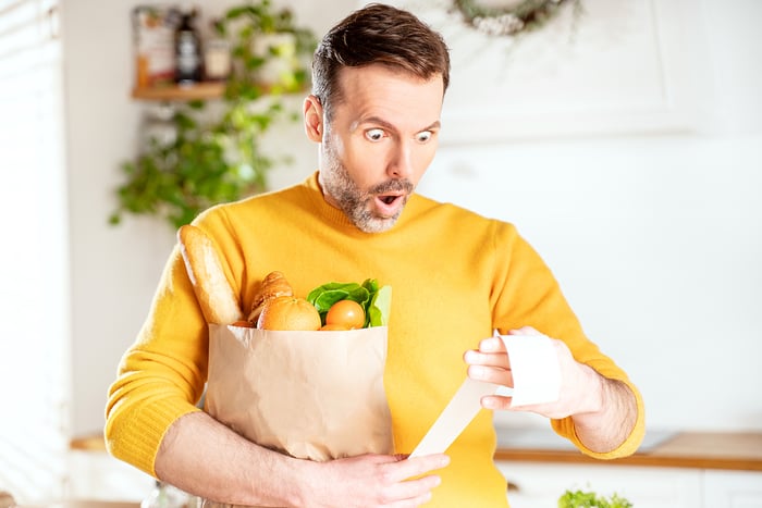 A person holding a bag of groceries and showing a shocked facial expression while reading a receipt.