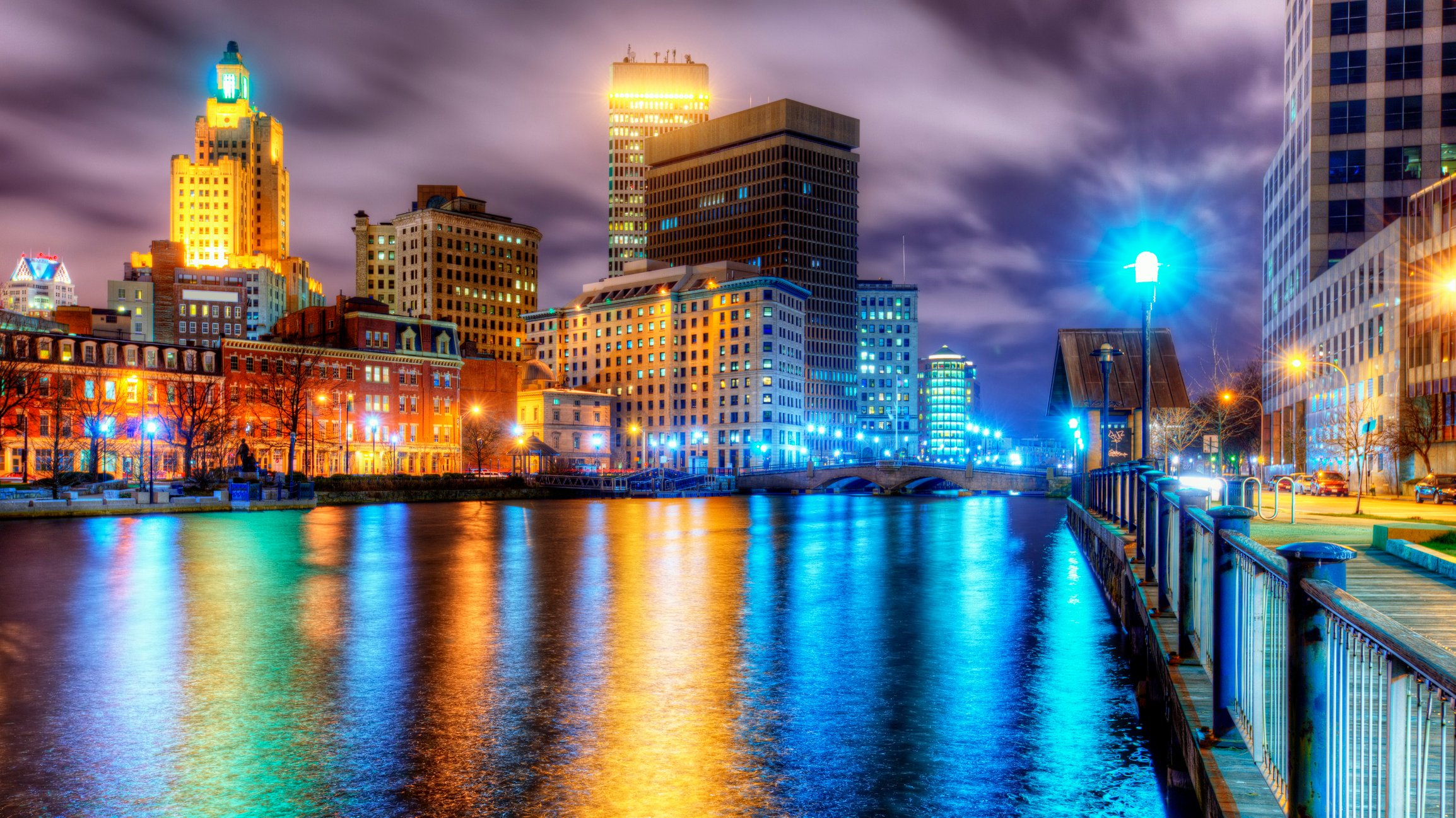 The providence skyline is shown at night.