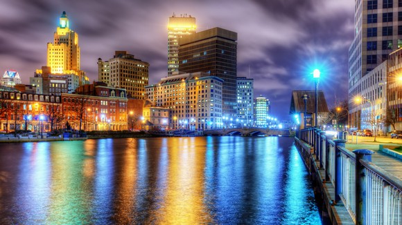 The providence skyline is shown at night.