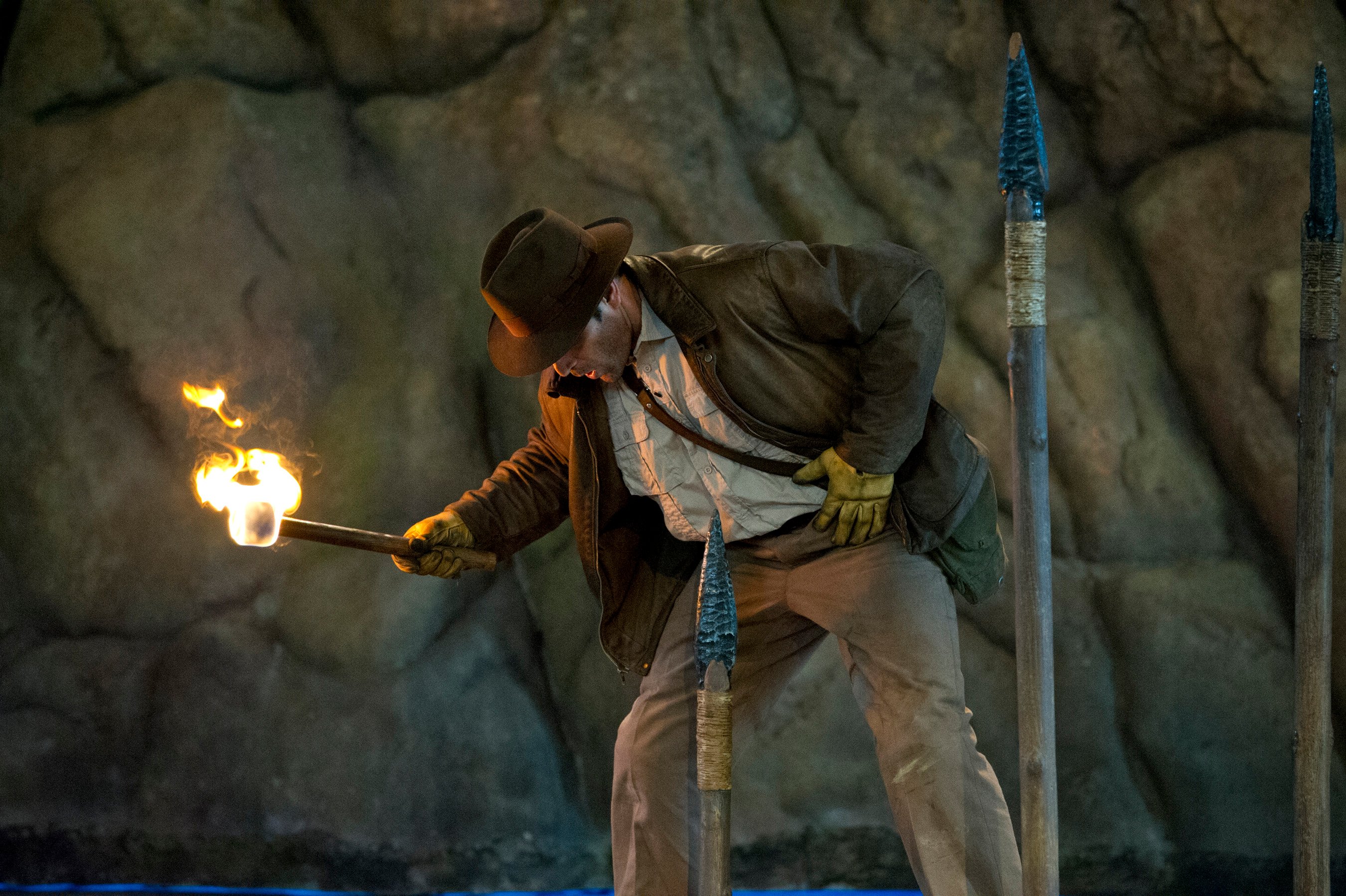 Indiana Jones avoiding rising spikes at Disney's Hollywood Studios' Indiana Jones Stunt Spectacular show.