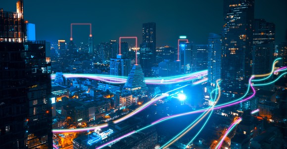 A visualization of networking connections across a city.