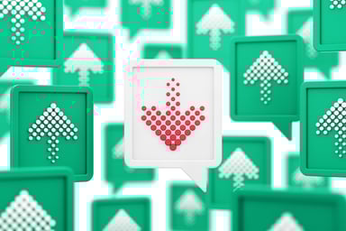 Down red arrow in a sea of up green arrows.