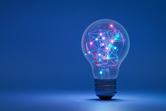 A lightbulb filled with glowing filaments.