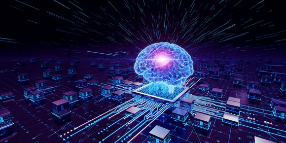 Artist rendering of cloud computing and AI with brain on computer. 
