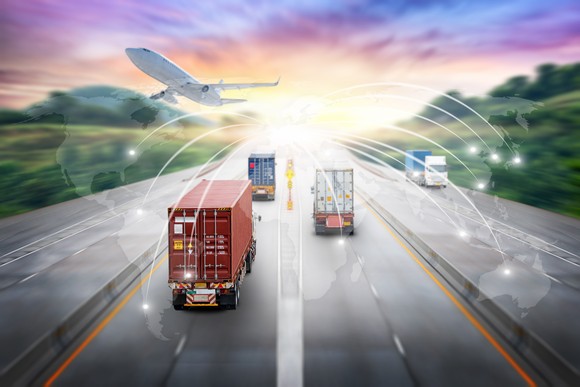 Trucks and airplanes moving shipments of products around