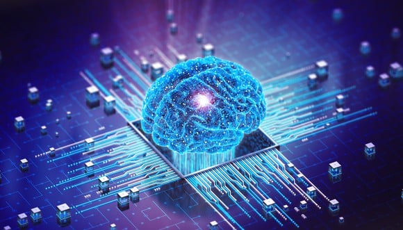 A depiction of a brain on a computer motherboard.