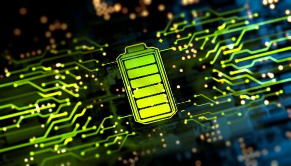 An illustration showing a battery indicator on a glowing circuit board. 
