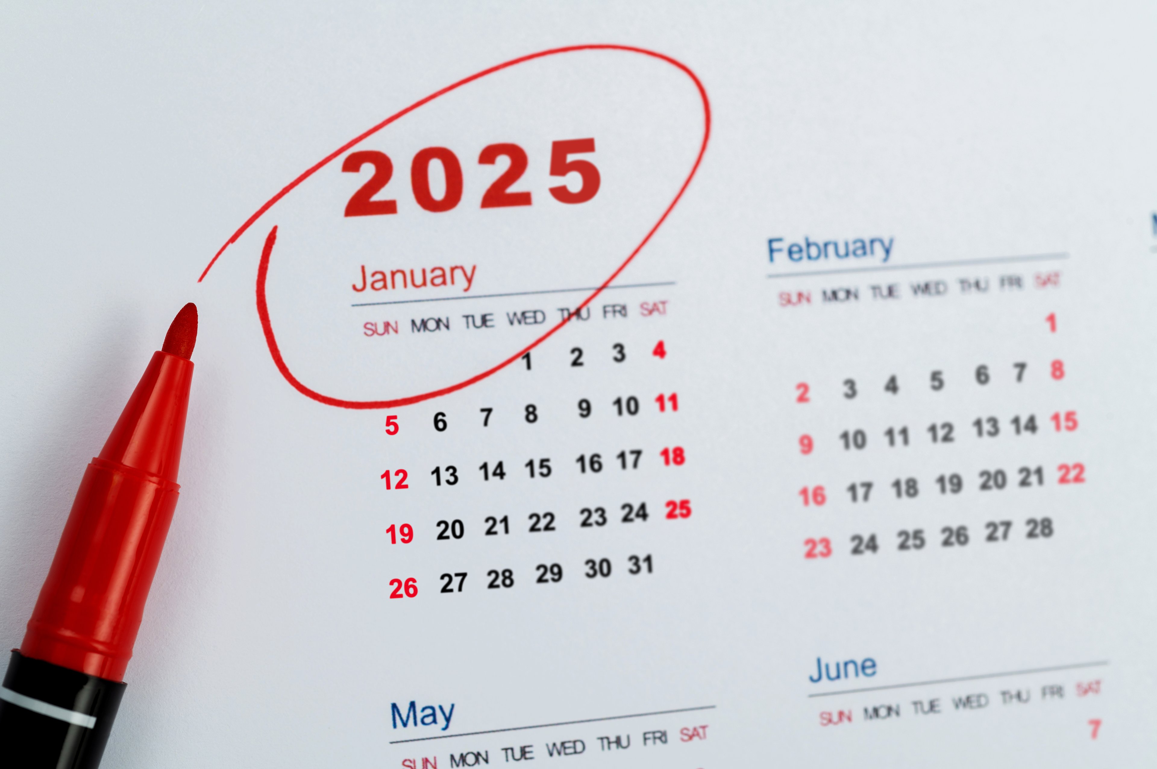 Calendar with January 2025 circled in red marker.