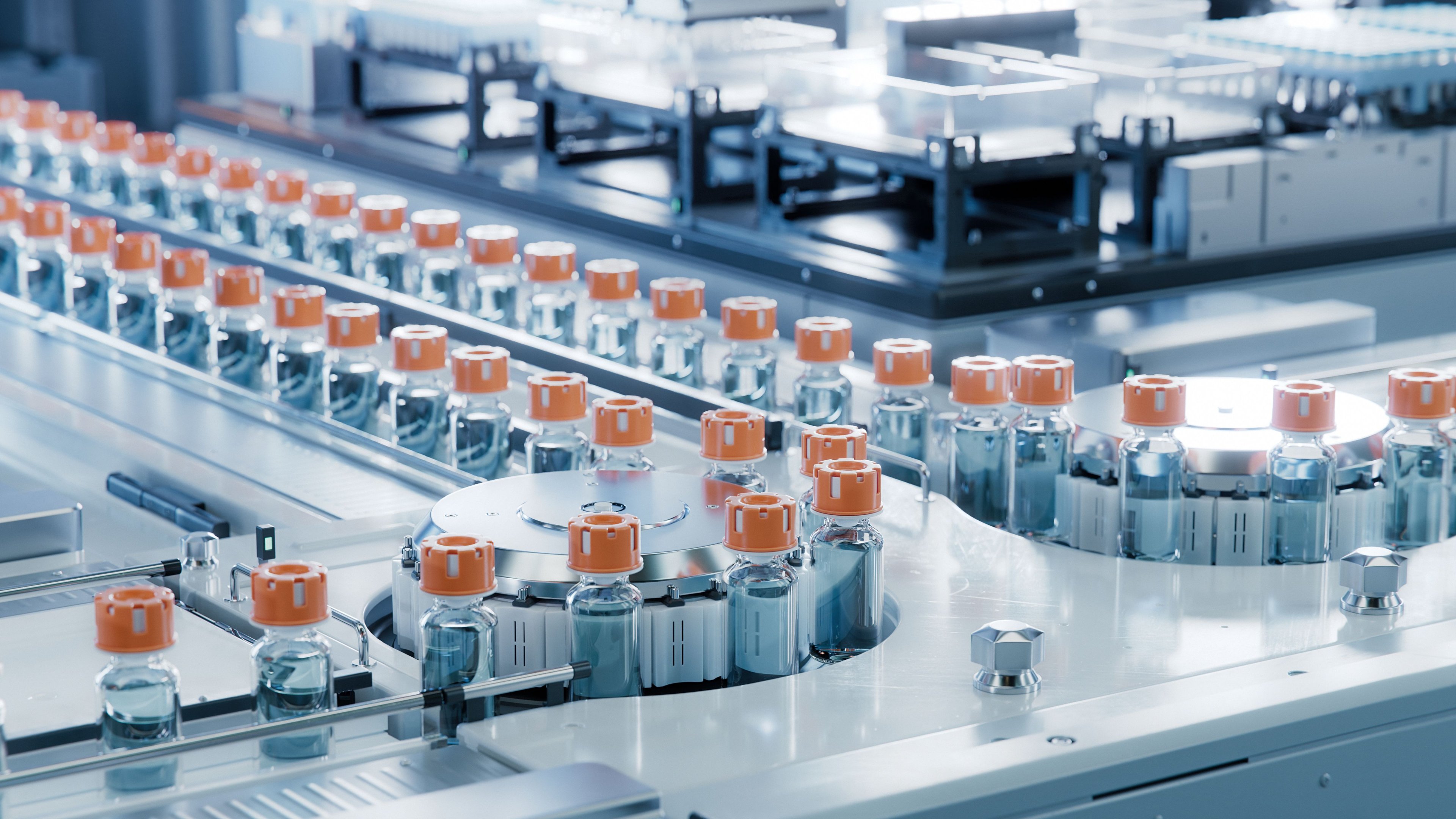 Medications moving through an assembly line in a factory