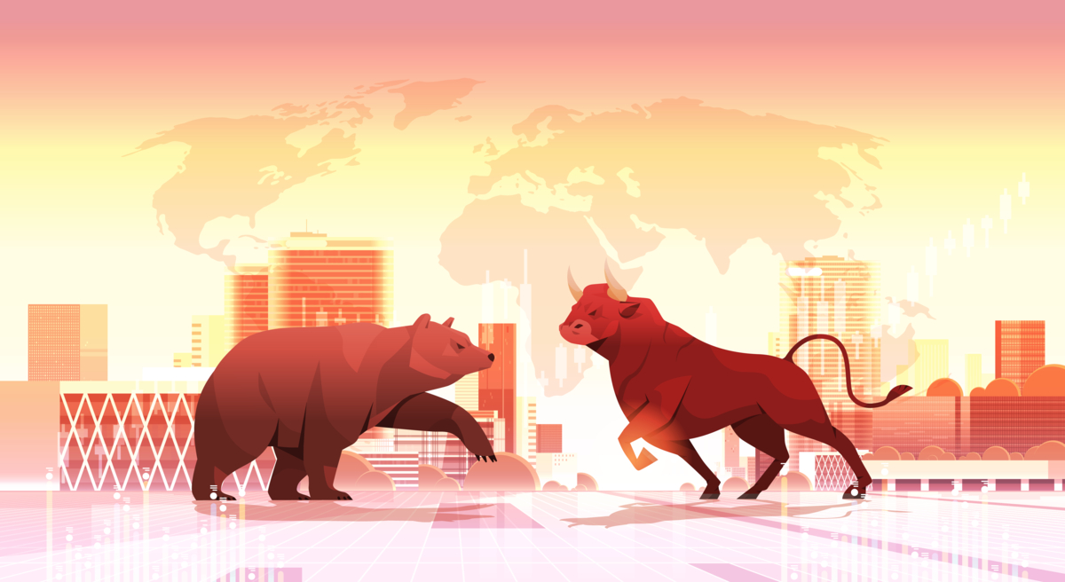 A graphic of a bull facing a bear with a skyline and world map in the background.