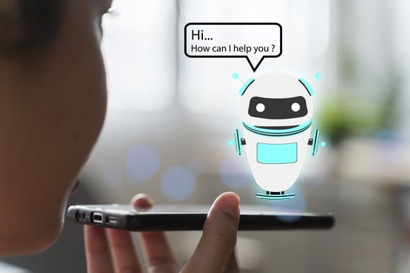 Robot above phone says Hi, how can I help you. 