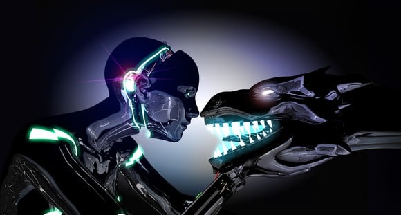 Artist rendering of robot and monster.