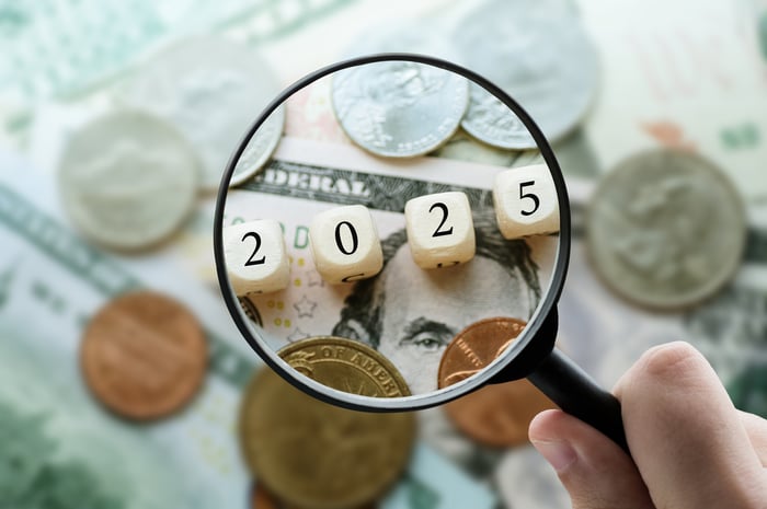 A person using a magnifying glass to zoom in on dice that read "2025" on top of U.S. currency.