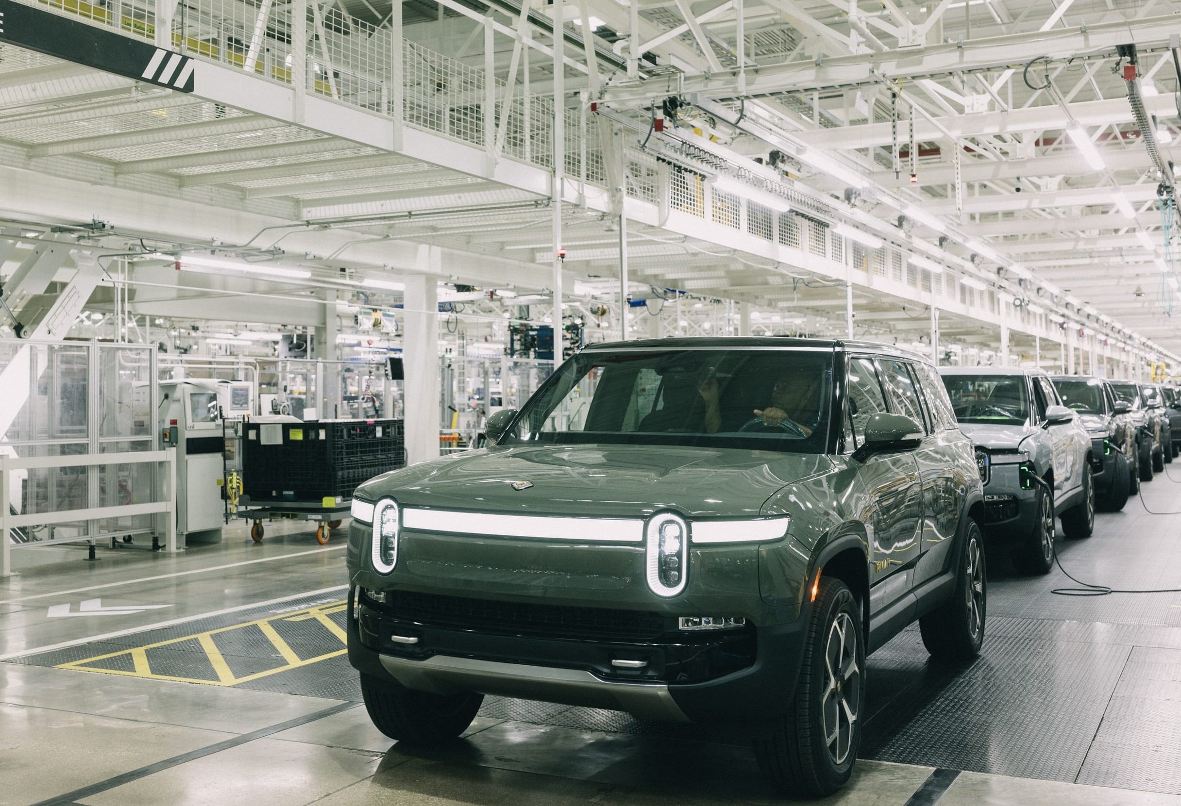 Rivian R1S electric SUVs on the company's production line in Normal, Illinois. 