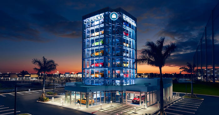 A Carvana vending machine tower.