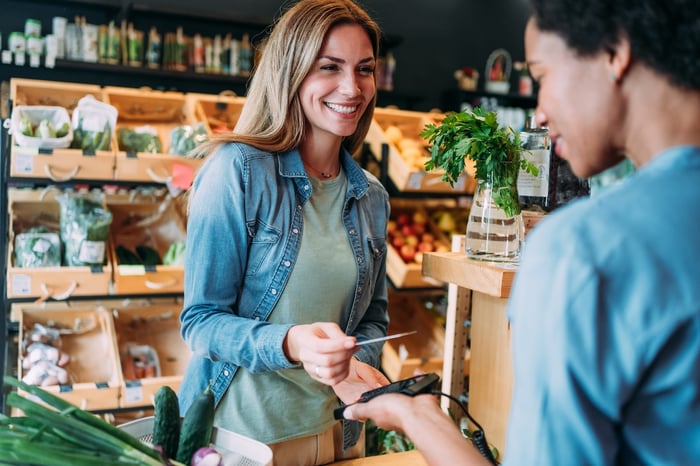 A person using a credit card.