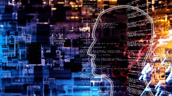 A silhouette of a human face superimposed over digital imagery.