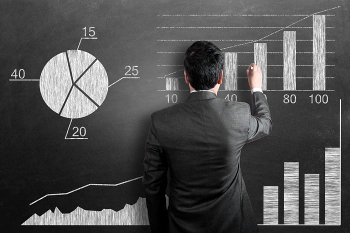 A person stands at a blackboard covered in charts.