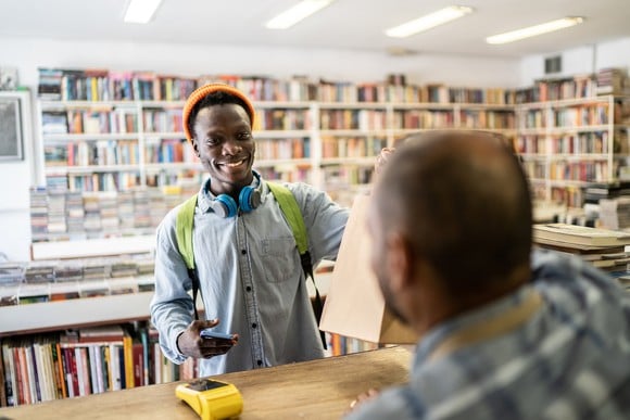 A person in a bookstore.