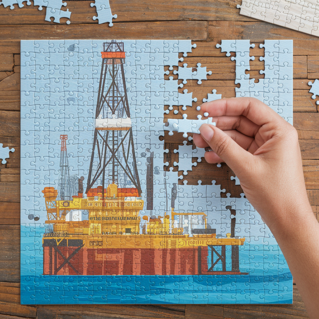 Illustration of a person putting together an oil rig puzzle.