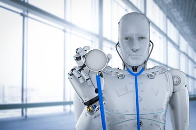 humanoid robot holds a stethoscope.