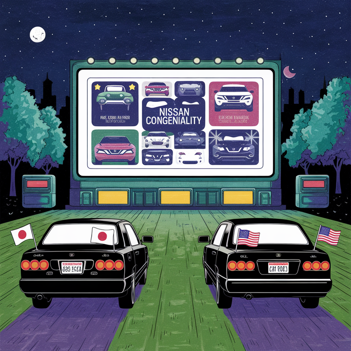 Two cars at a drive-in movie.