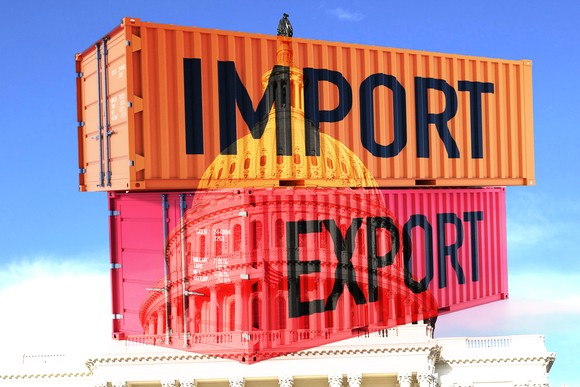 Shipping containers for imported and exported goods hover over the U.S. Capitol.