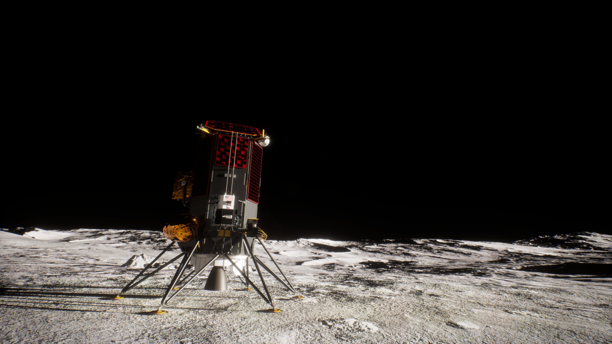 A rendered image depicts Intuitive Machines' lunar lander on the moon.