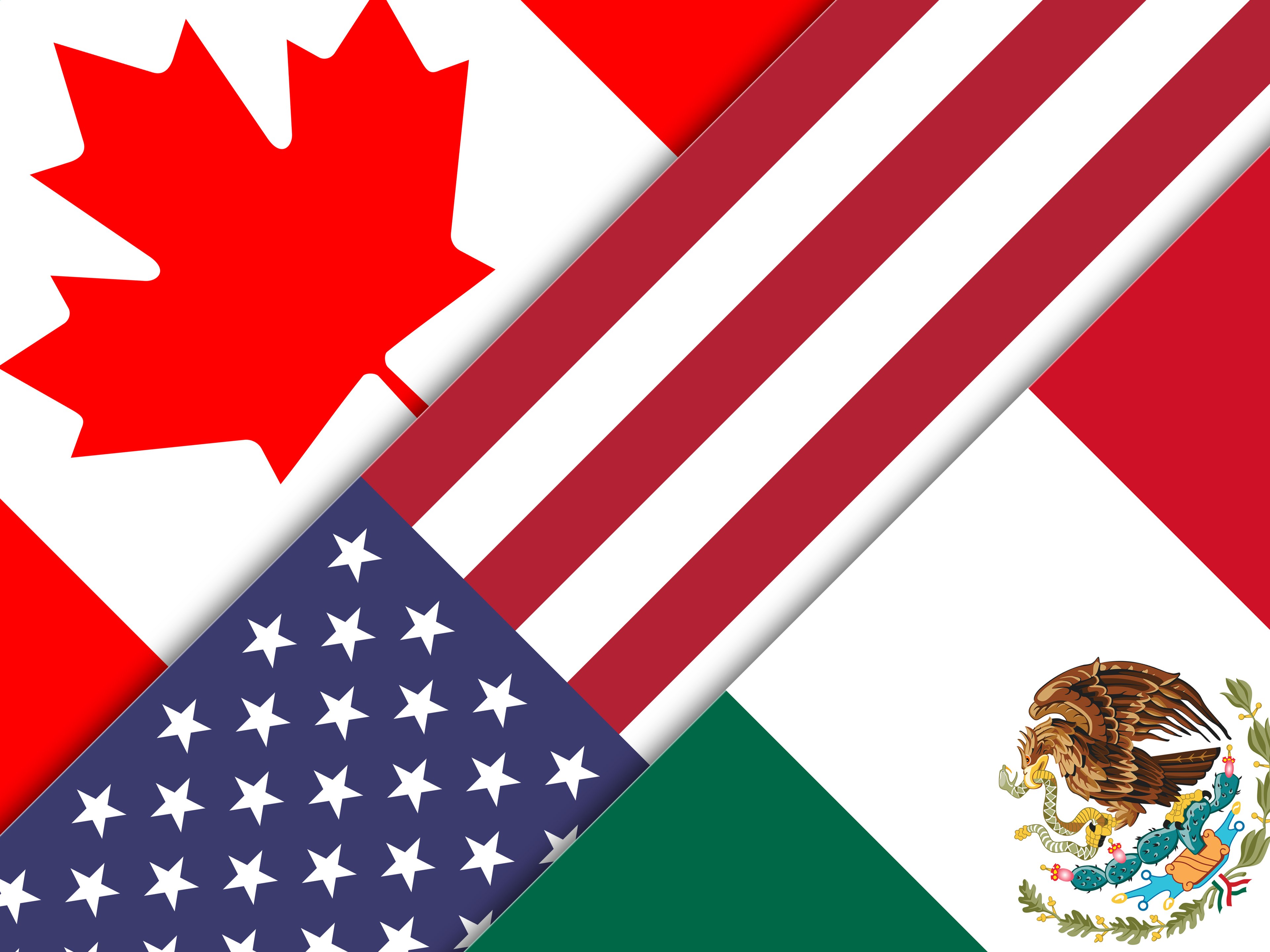 Canadian, U.S., and Mexican national flags side by side.