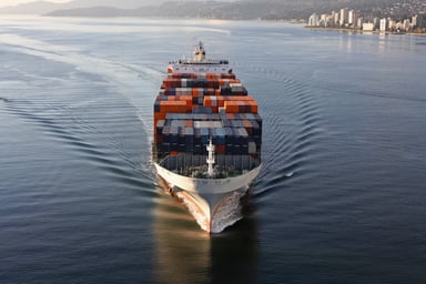 Frontal view of a heavy laden container ship